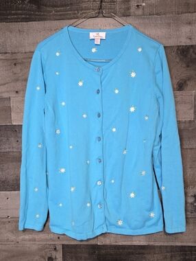Quacker Factory Turquoise Daisy-Accented Cardigan